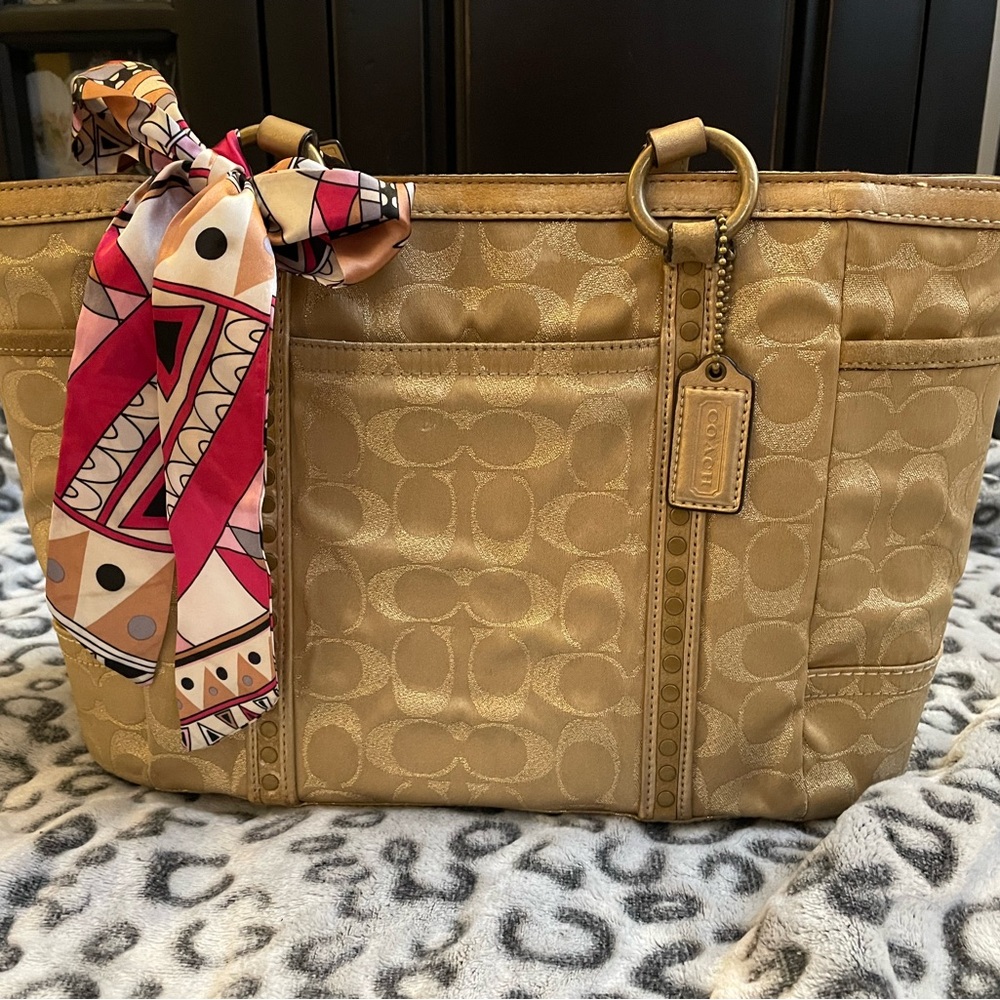 Coach Gold Signature Tote with Patterned Scarf